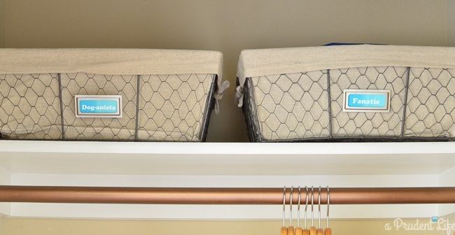 Use baskets on upper shelves to keep closets neat.